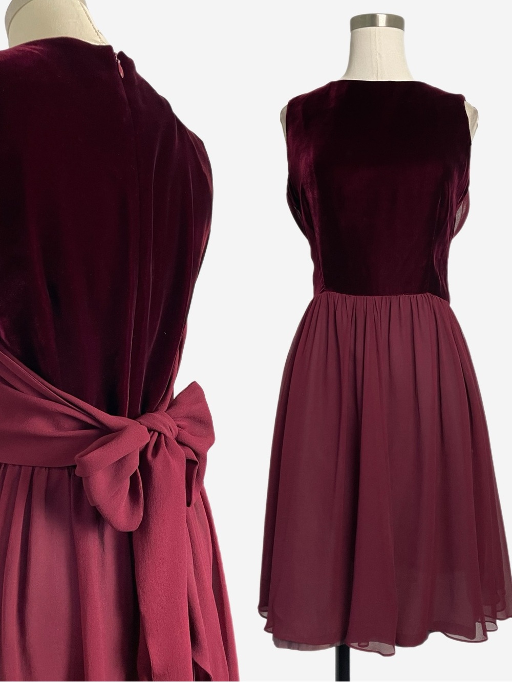 Vintage Y2K Elizabeth Wayman burgundy velvet silk bow mini dress whimsigoth S/M